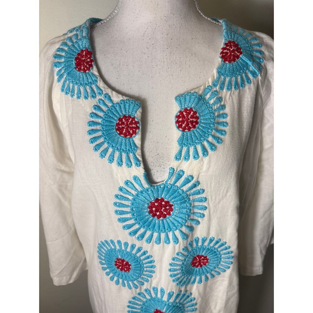 Frances Valentine White Teal and Red Linen Half Sleeve Maxi Dress Sz XL - Picture 2 of 5